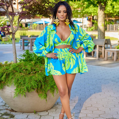 Summer Clothing Digital Printed Shirt Shorts Three Piece Set