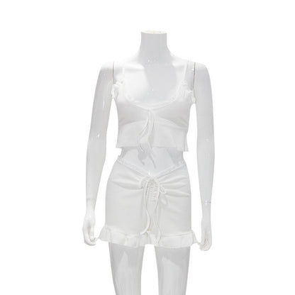 Clothing Summer Wear Suit Street Hipster Color Sleeveless Cold Shoulder Vest Lace Trimmed Shorts Cotton
