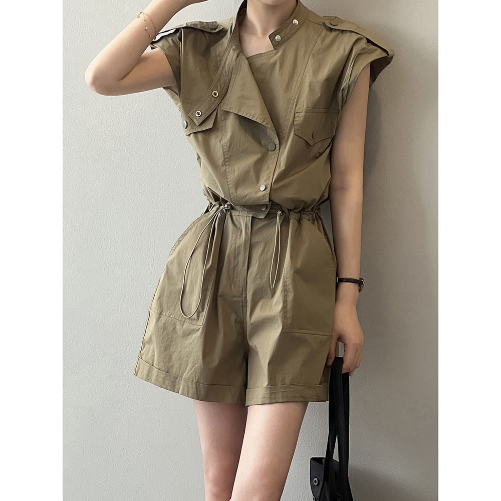 High Waist Drawstring Cargo Overalls Summer Stand Collar Flying Sleeves Shirt Romper