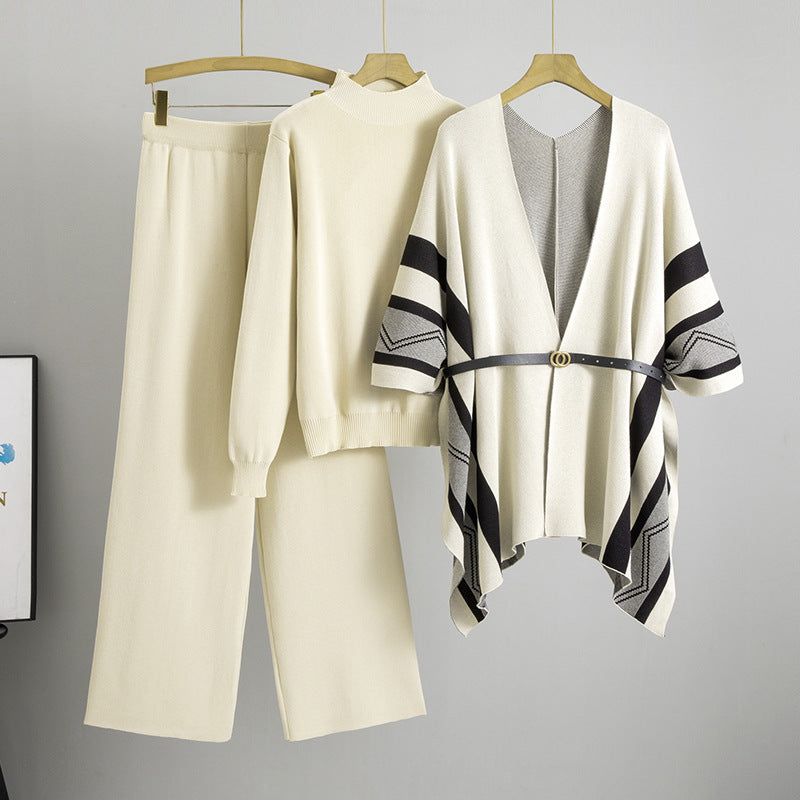 Spring Graceful Fashionable Knitted Shawl Cardigan Turtleneck Sweater Wide Leg Pants Three Piece Set
