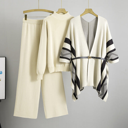 Spring Graceful Fashionable Knitted Shawl Cardigan Turtleneck Sweater Wide Leg Pants Three Piece Set