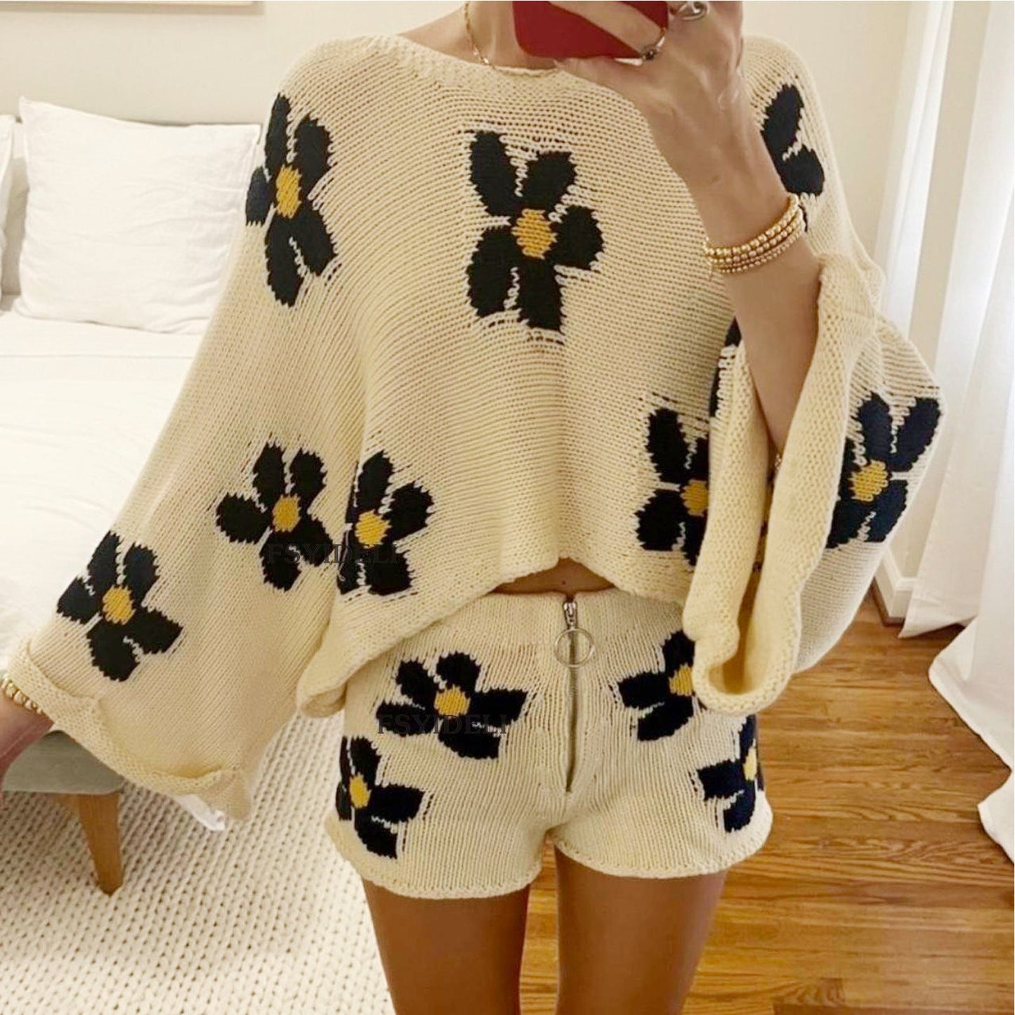 Clothing Print Long Sleeved Woolen Shorts Home Wear Two Piece