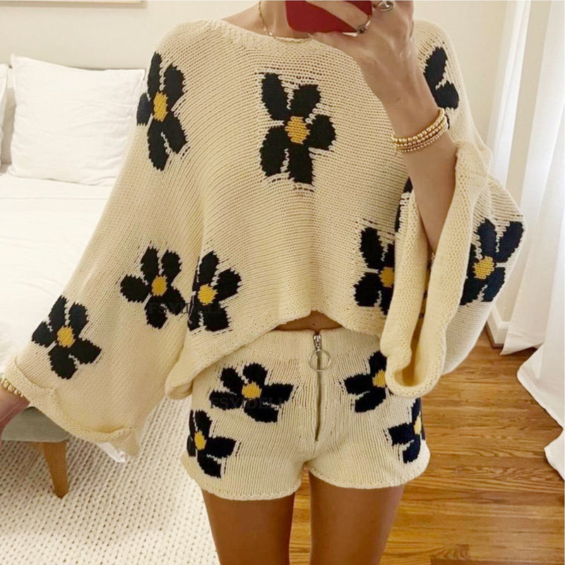 Clothing Print Long Sleeved Woolen Shorts Home Wear Two Piece