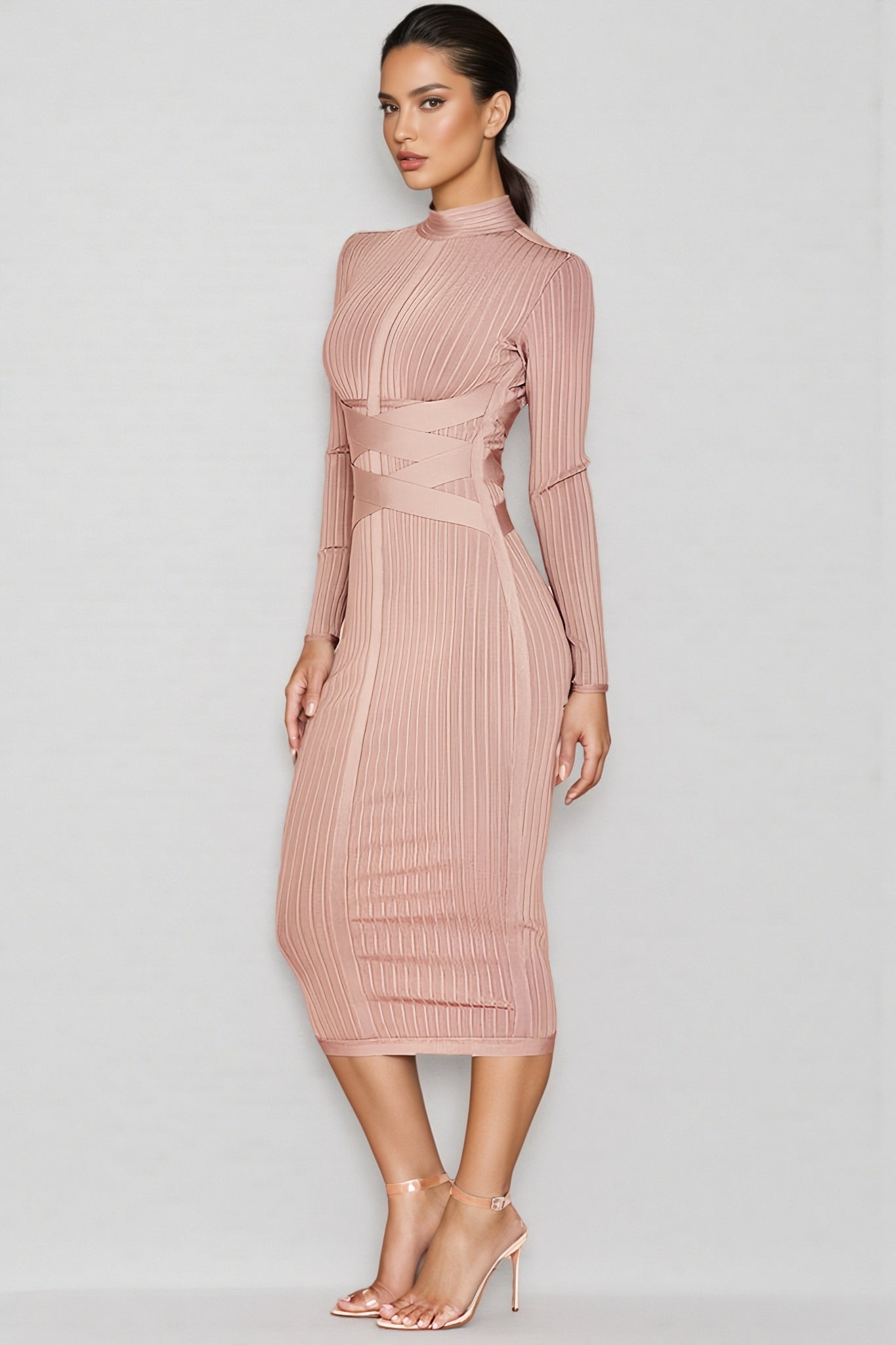 Layra Colour Stand Collar Midi Dress-brown