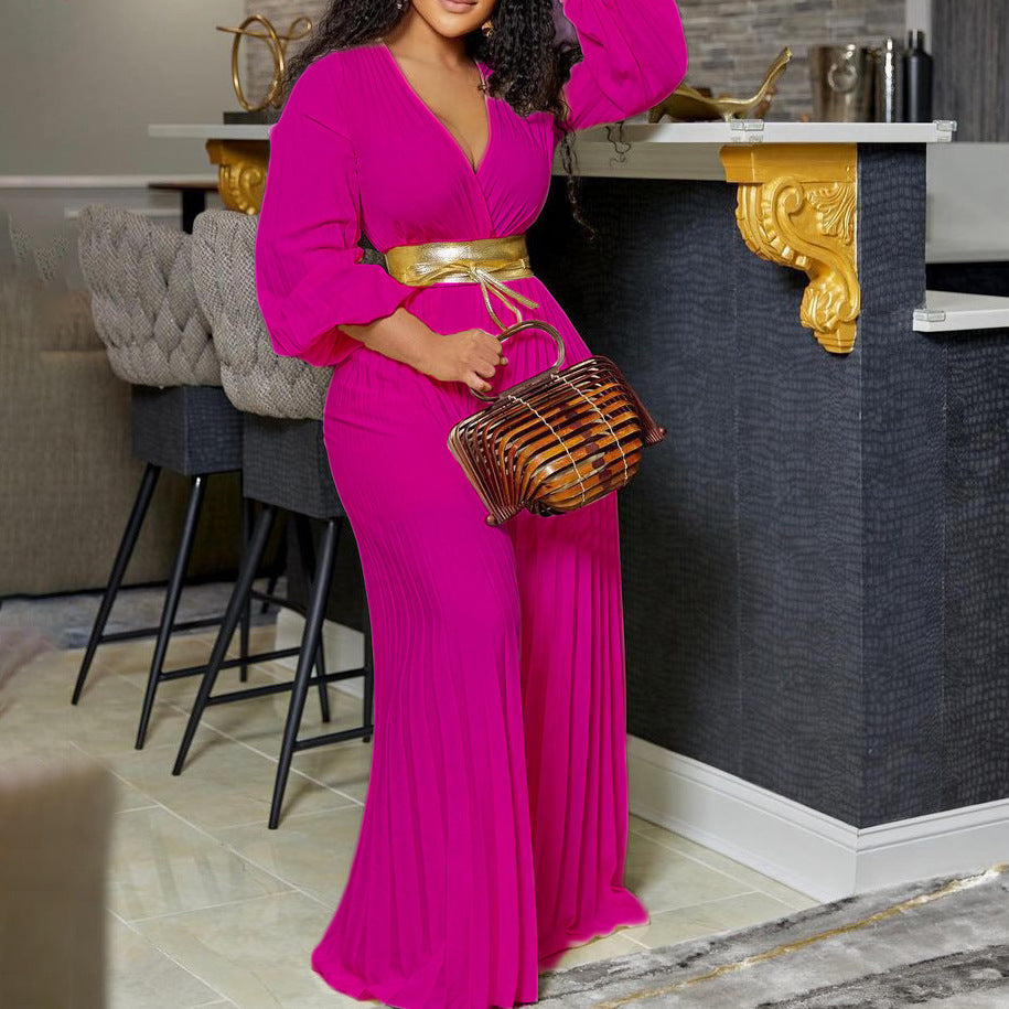 Summer V Neck Lace Up Pleated Wide Leg Jumpsuit