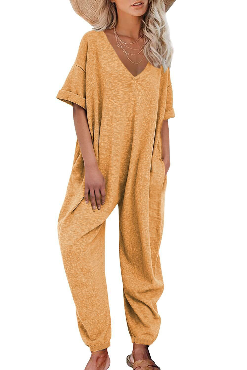 V Neck Jumpsuit Short Sleeve Length Jumpsuit Ankle Tied Loose Overalls
