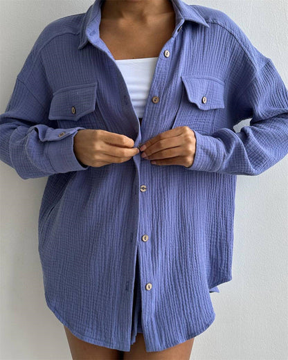 Clothing Spring Collared Loose Shirt High Waist Shorts Two Piece Set Set