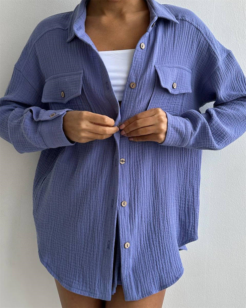 Clothing Spring Collared Loose Shirt High Waist Shorts Two Piece Set Set