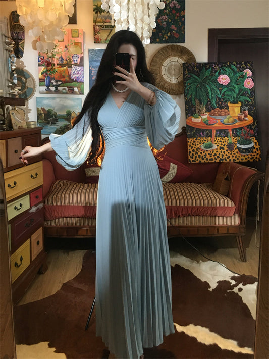 Misty Blue Pleated Panel Maxi Dress Flowy Slimming Gown Gunne Sax Dress