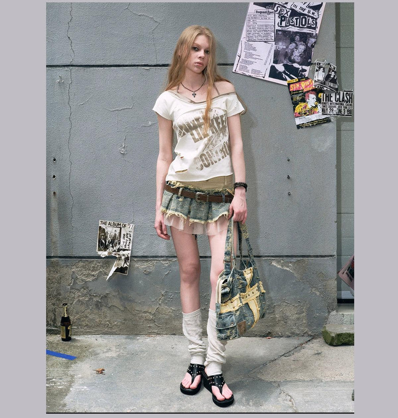 Cest Nous Distressed Graphic Off-shoulder Top - Tie-back T-shirt With Asymmetric Hem