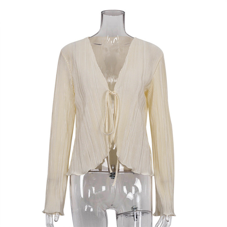 Summer Cardigan Lace-up Slim Flared Long Sleeve Pleated Shirt French Textured