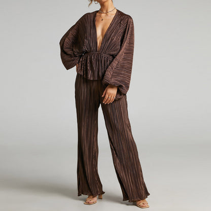Clothing Set Autumn Winter High Elastic Pleated Waist Deep V Plunge Plunge Wide Leg Pants Two Piece Set