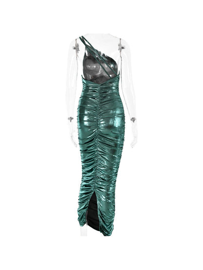 Metallic Coated One Shoulder Sheath Knitted Coated Dress