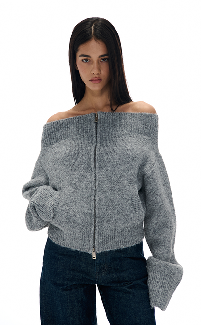 Off-the-shoulder Zipper Knit Cardigan