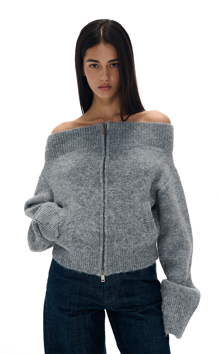 Off-the-shoulder Zipper Knit Cardigan