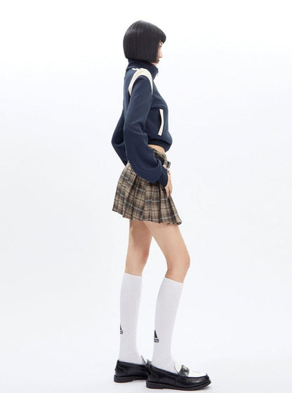 Plaid Pleated Mini Skirt With Double Buckle Belt