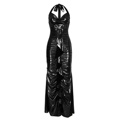 Dress Glossy Coating Backless Lace Up Swing Collar Slim Fit Sheath Mop Dress