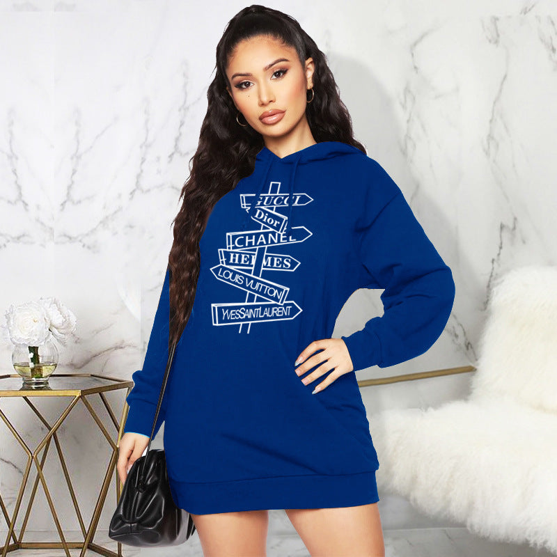 Sweater Autumn Winter Printing Hooded Mid Length Top