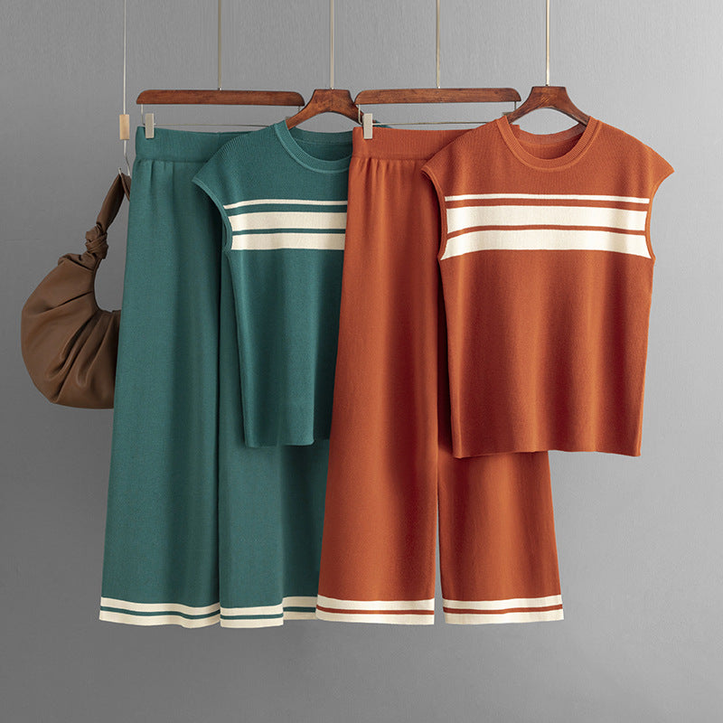 Suit Loose Contrast Color Striped Sleeveless Top High Waist Wide Leg Pants Two Piece Set