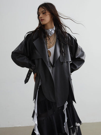 Matte Leather Short Coat With Slit Design
