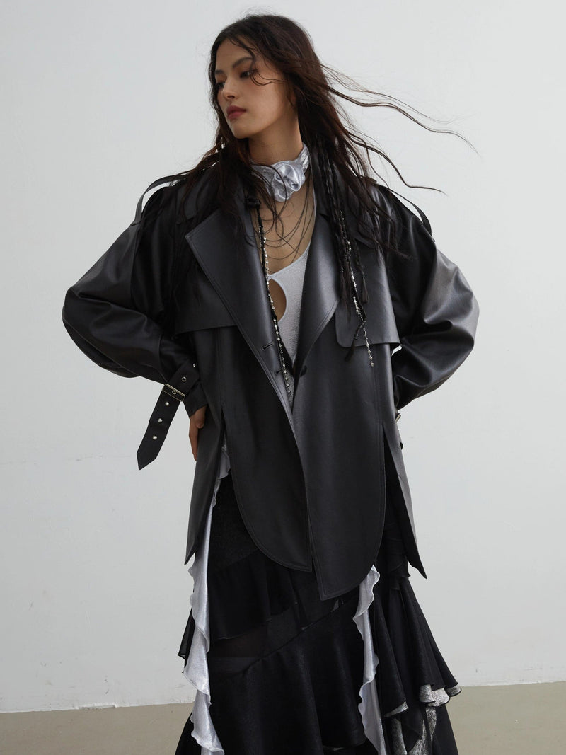 Matte Leather Short Coat With Slit Design
