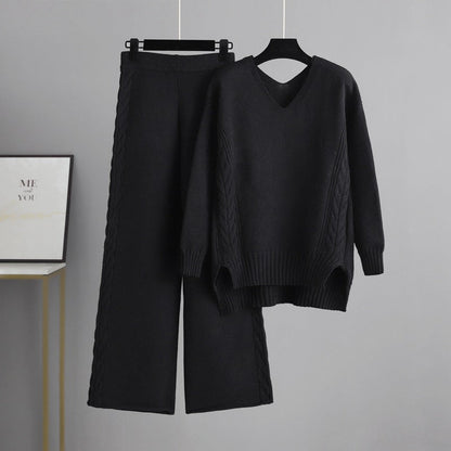 Knitted Wide Leg Pants Sweater Suit for Autumn Korean Loose Thick Twet
