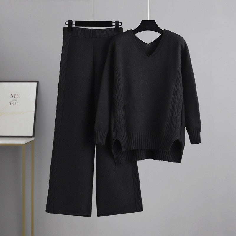 Knitted Wide Leg Pants Sweater Suit for Autumn Korean Loose Thick Twet