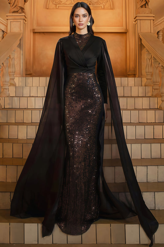 Mirt Black Round Neck Sequin Maxi Dress