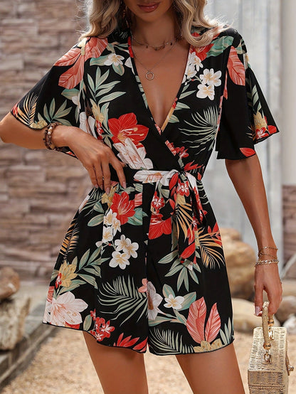 Beach Vacation Ruffle Sleeve Cross Collar Belt Short Culottes Loose Printed Jumpsuit