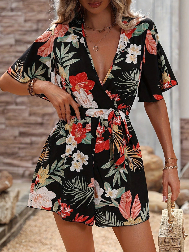Beach Vacation Ruffle Sleeve Cross Collar Belt Short Culottes Loose Printed Jumpsuit