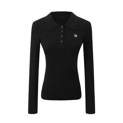 Classic Ribbed Polo Sweater - Long Sleeve Fitted Knit Top