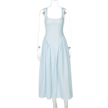 Adalae Plaid Backless Midi Dress
