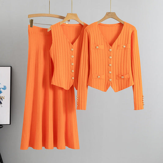 Orange – Cardigan Vest Three Piece Set