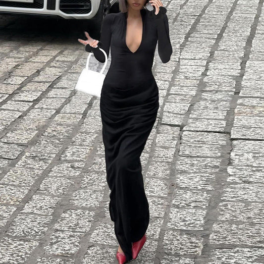Clothing Deep V Plunge Long Sleeve Color Double Stitching Pleated Maxi Dress