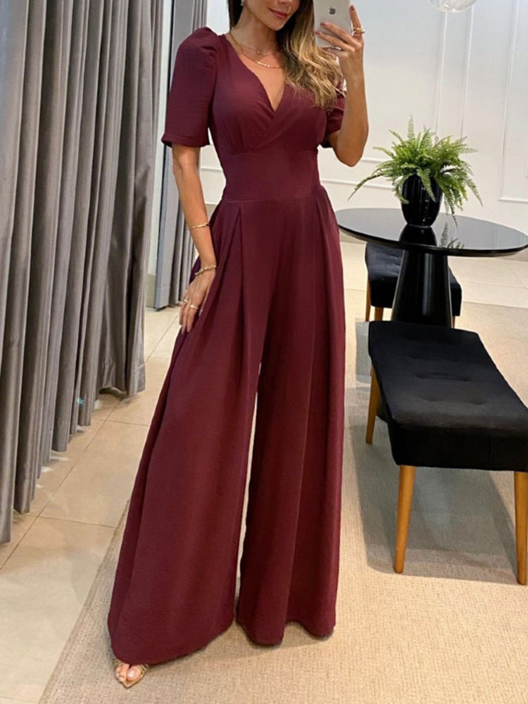 Clothing Summer V Neck Lace Up High Waist Puff Short Sleeve Wide Leg Jumpsuit