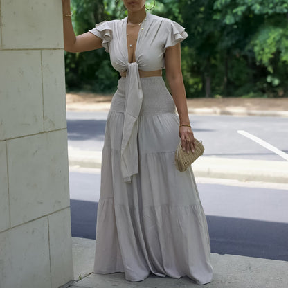 Short Sleeve Tied Top Wide Leg Pants Two Piece Set