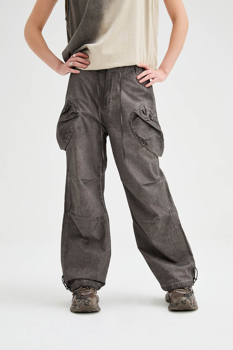 Multi-pocket Crinkled Drawstring Cargo Pants