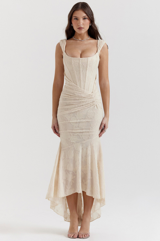 Octavie Ruched Corset Maxi Dress in Beige