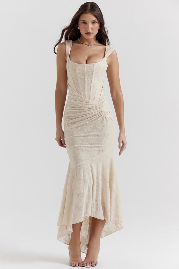 Octavie Ruched Corset Maxi Dress in Beige