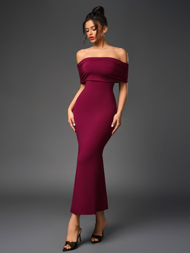 Off Shoulder Cut Out Back Ruched Bodycon Dress