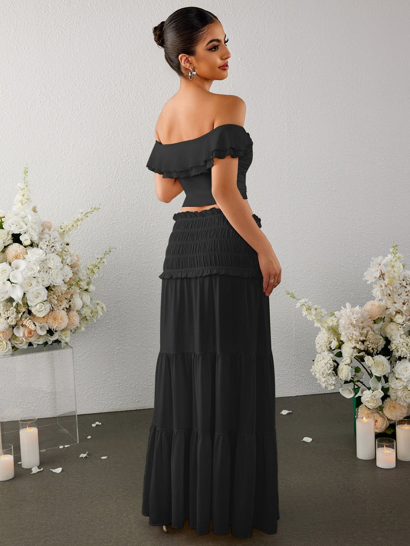 Off Shoulder Ruched Twist Front Top&ruffle Low Waist Skirt