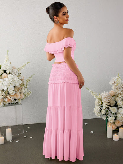 Off Shoulder Ruched Twist Front Top&ruffle Low Waist Skirt