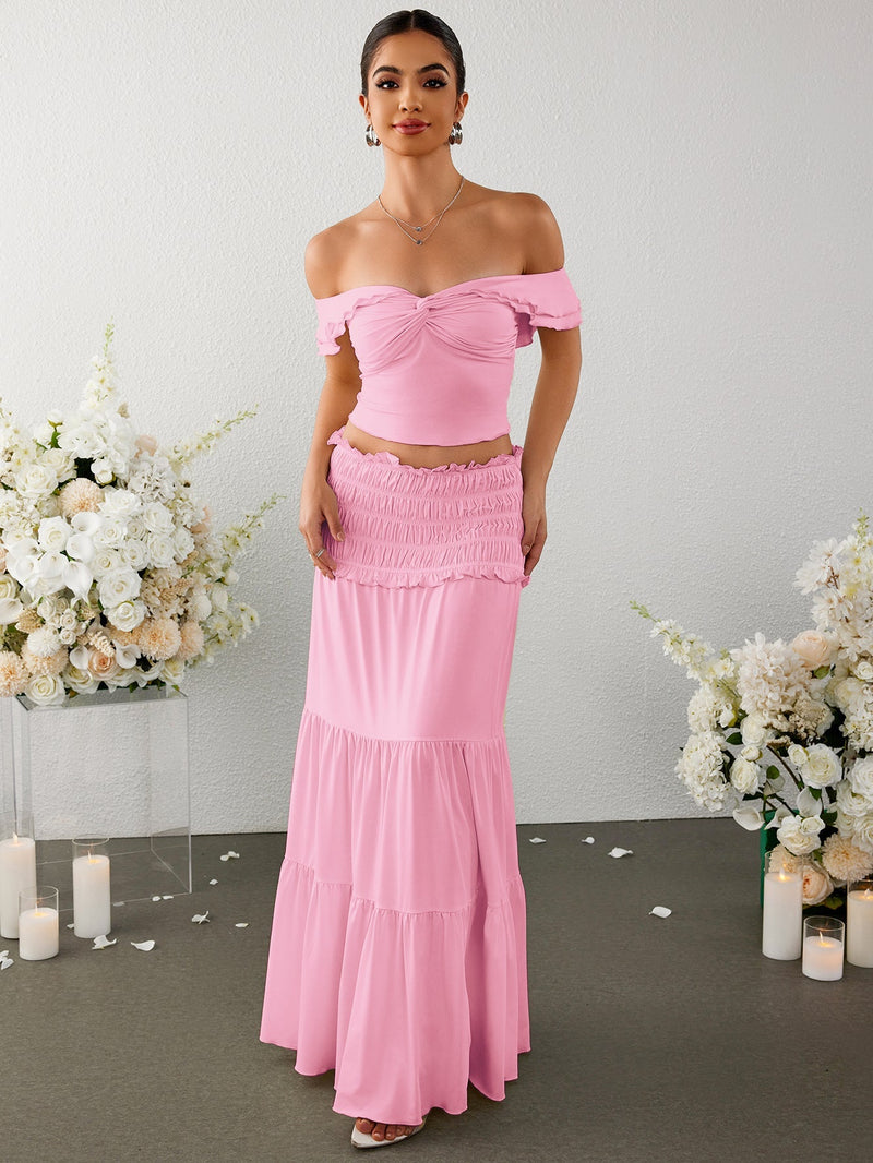 Off Shoulder Ruched Twist Front Top&ruffle Low Waist Skirt