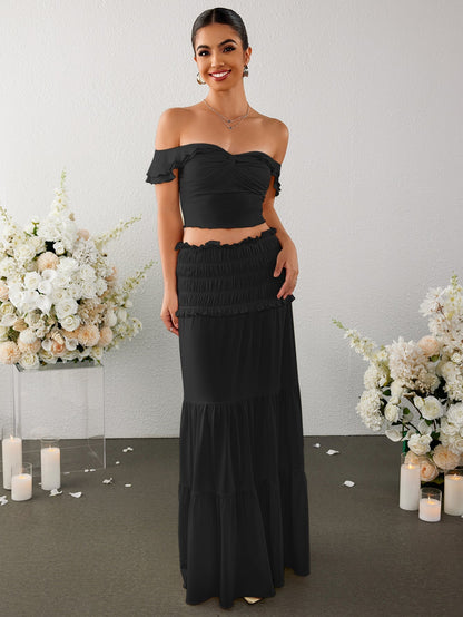 Off Shoulder Ruched Twist Front Top&ruffle Low Waist Skirt