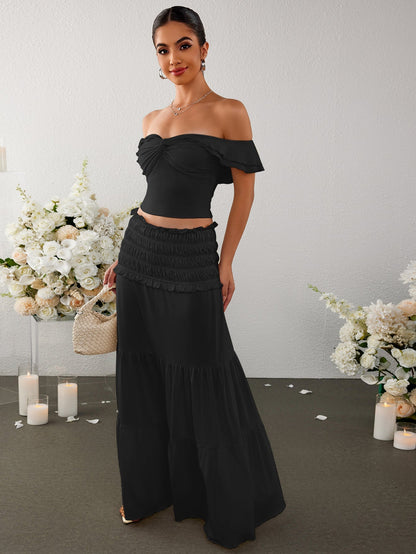 Off Shoulder Ruched Twist Front Top&ruffle Low Waist Skirt