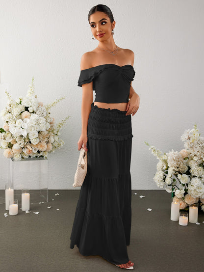 Off Shoulder Ruched Twist Front Top&ruffle Low Waist Skirt