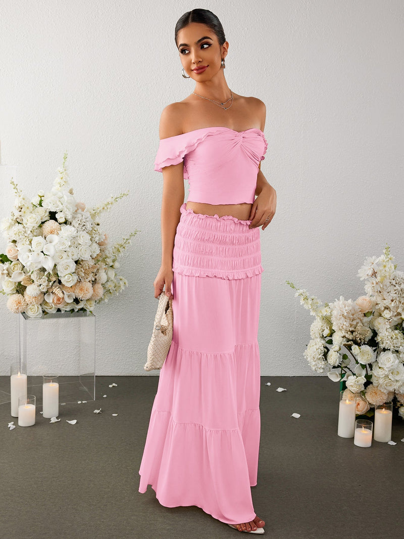Off Shoulder Ruched Twist Front Top&ruffle Low Waist Skirt