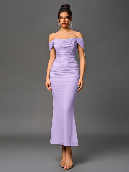 Off Shoulder Ruched Zipper Back Bodycon Dress