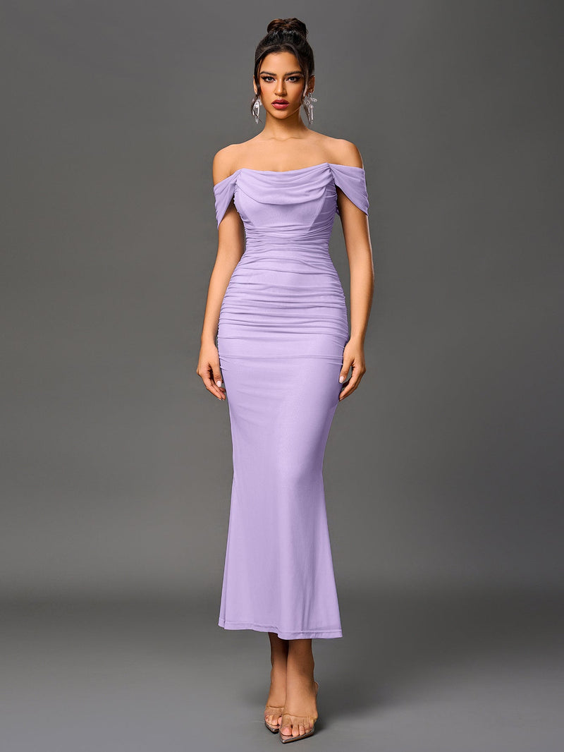 Off Shoulder Ruched Zipper Back Bodycon Dress
