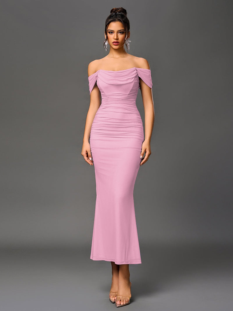 Off Shoulder Ruched Zipper Back Bodycon Dress